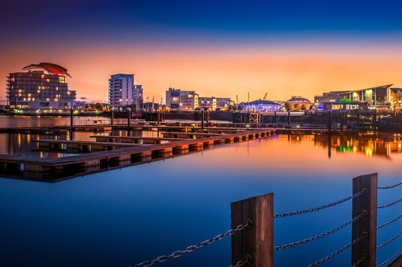 Cardiff Bay waterfront at dusk