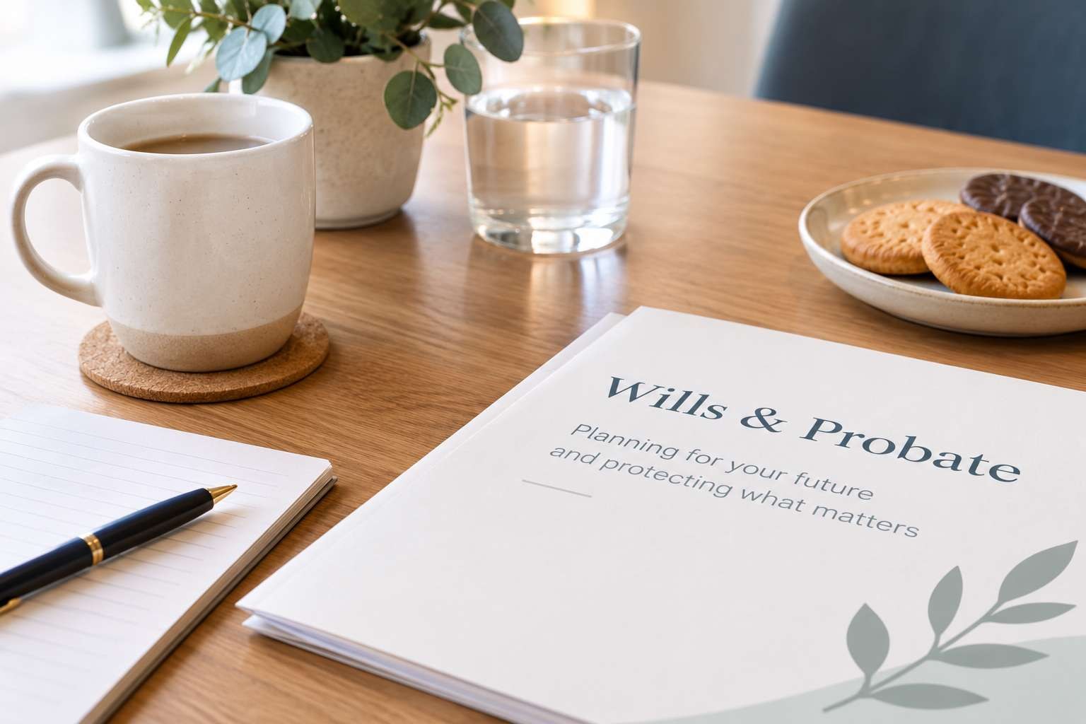 A Wills and Probate information booklet on a table beside a cup of tea